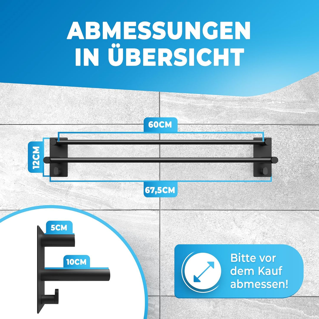 LOBUXยฎ - Handtuchhalter ohne Bohren schwarz โ 60cm, Edelstahl rostfrei โ Handtuchhalter Bad doppelt,