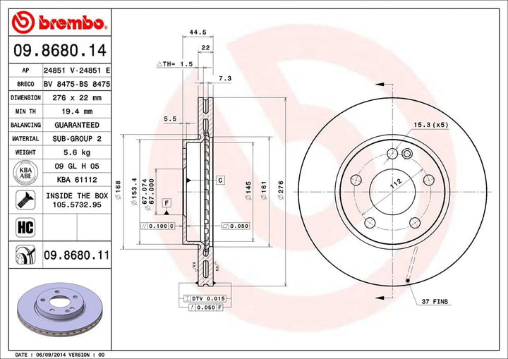 Brembo 09.8680.11 COATED DISC LINE Bremsscheibe - Paar