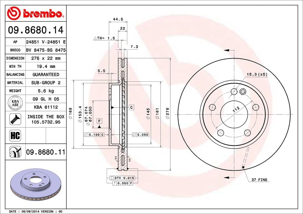 Brembo 09.8680.11 COATED DISC LINE Bremsscheibe - Paar