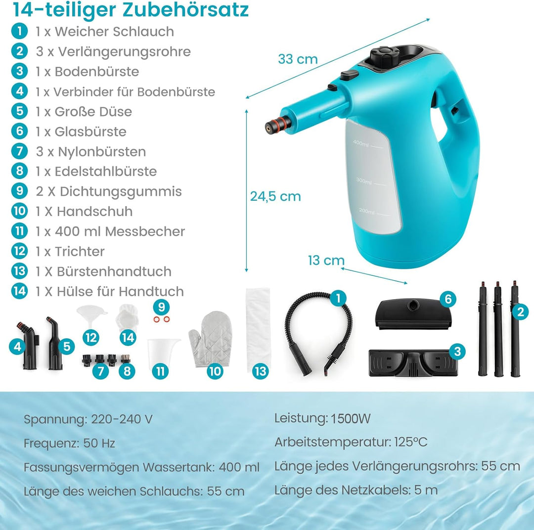 COSTWAY Dampfreiniger 1500W, Tank: 400 ML, Temperatur: bis zu 125℃, Aufheizzeit: 1 min., Dampfdruck: