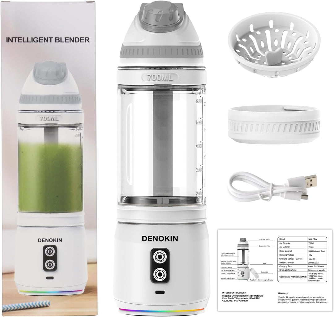 DENOKIN Tragbarer Mixer, 700ml Smoothie Maker to Go, Mini-Standmixer mit 6-Klingen Edelstahl, Wieder