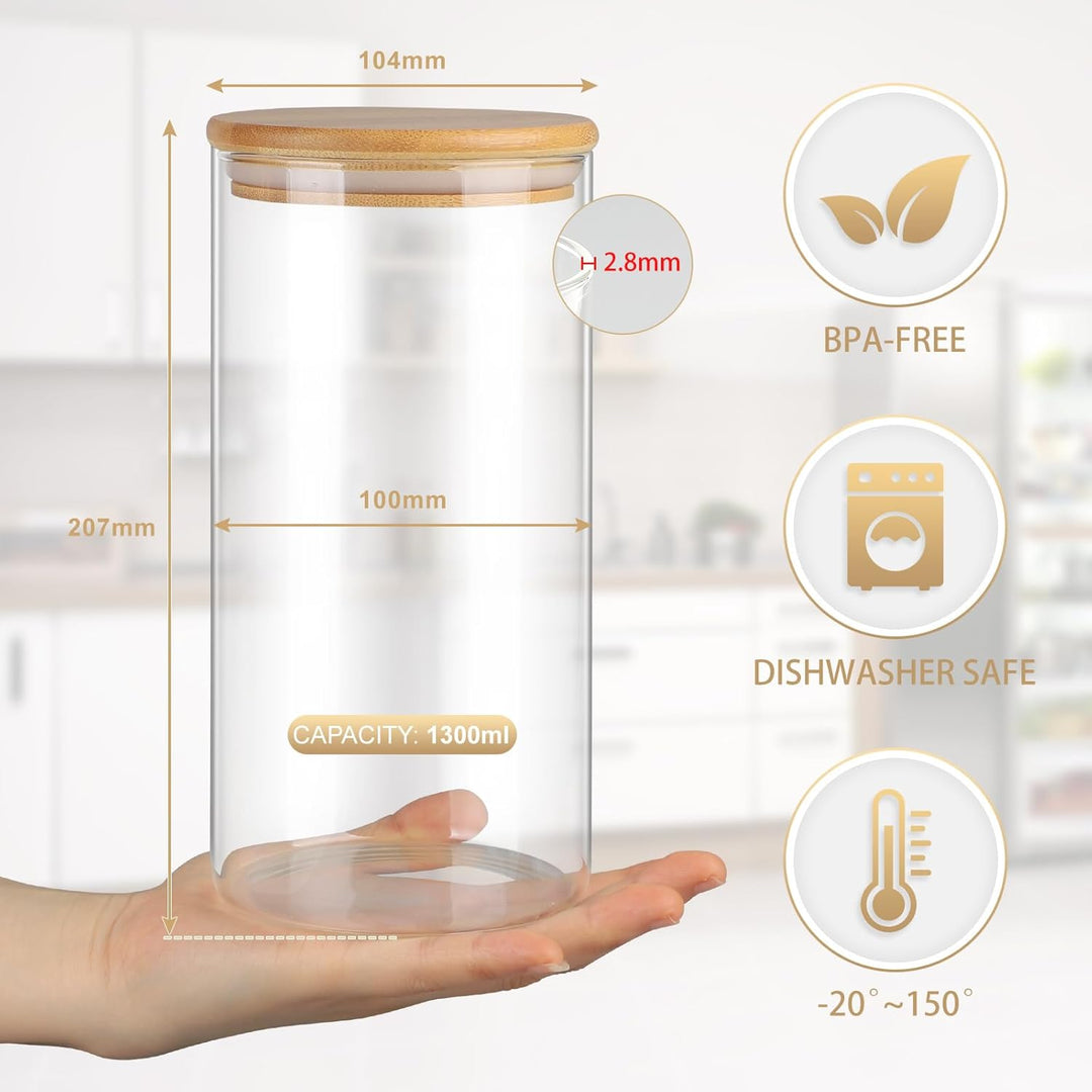 efuturetime 6stk. 1300ml Vorratsgläser Glas Rund, φ10.5 * 20.8cm, Vorratsdosen Glas mit Bambusdeckel