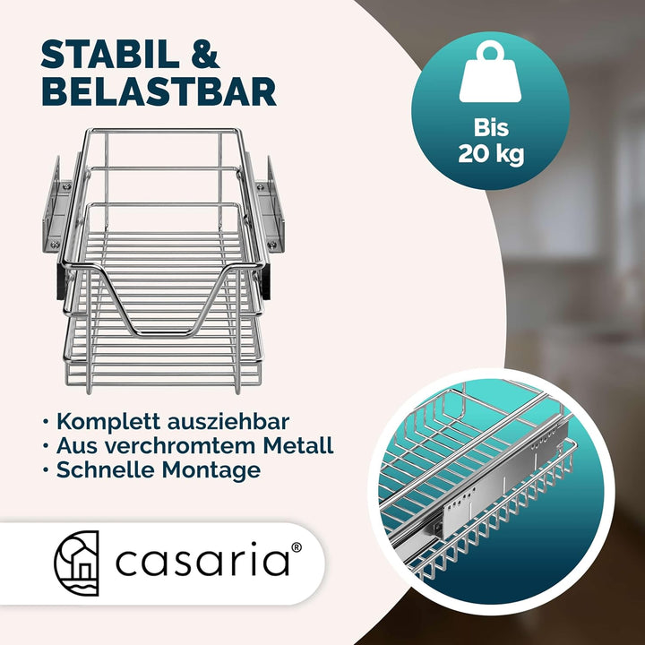 CASARIA Teleskopschublade 3er Set 40cm Verchromt 25kg Belastbar Korbauszug Vollauszug Zubehör Hausha