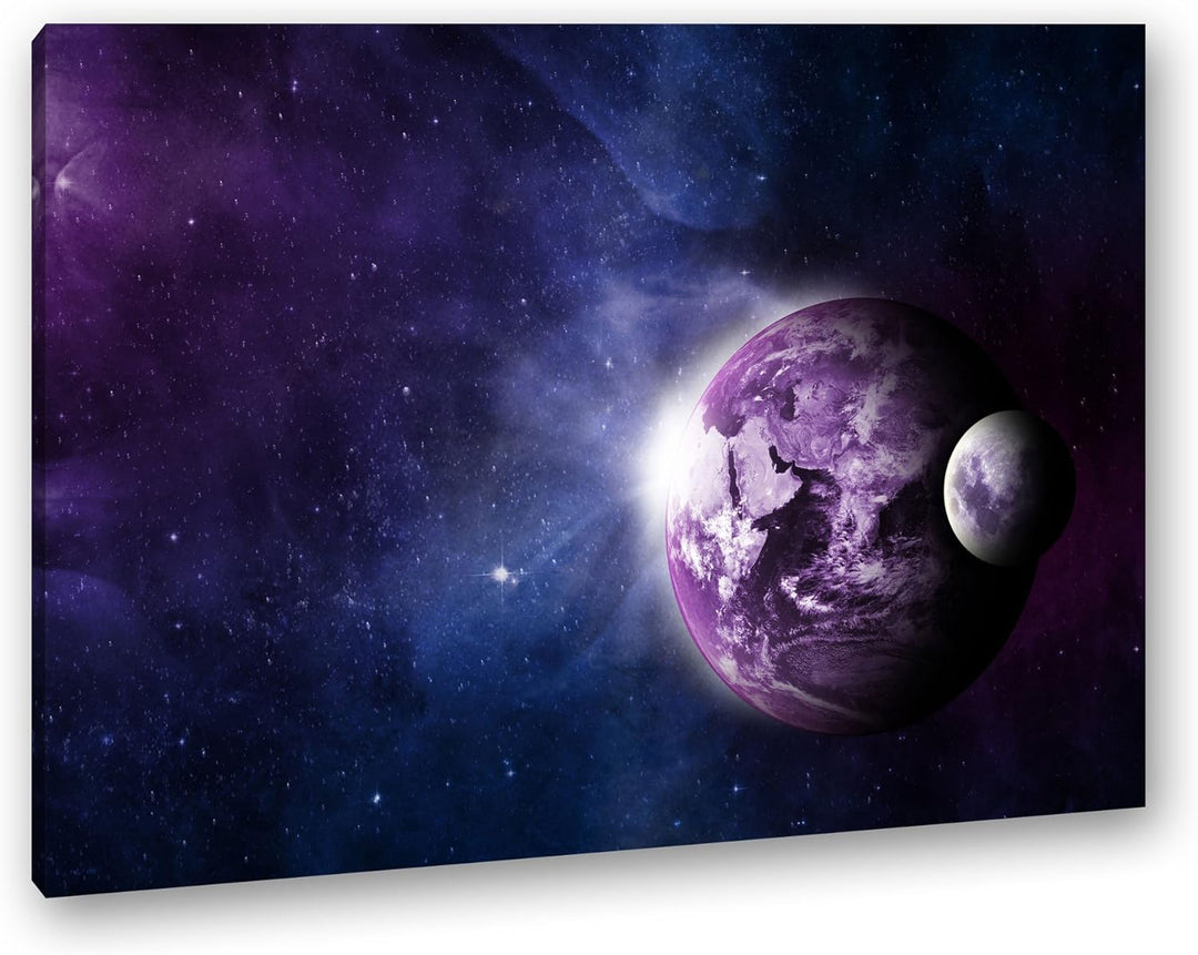 deyoli Dark Violette Erde mit Mond Format: 80x60 als Leinwandbild, Motiv fertig gerahmt auf Echtholz