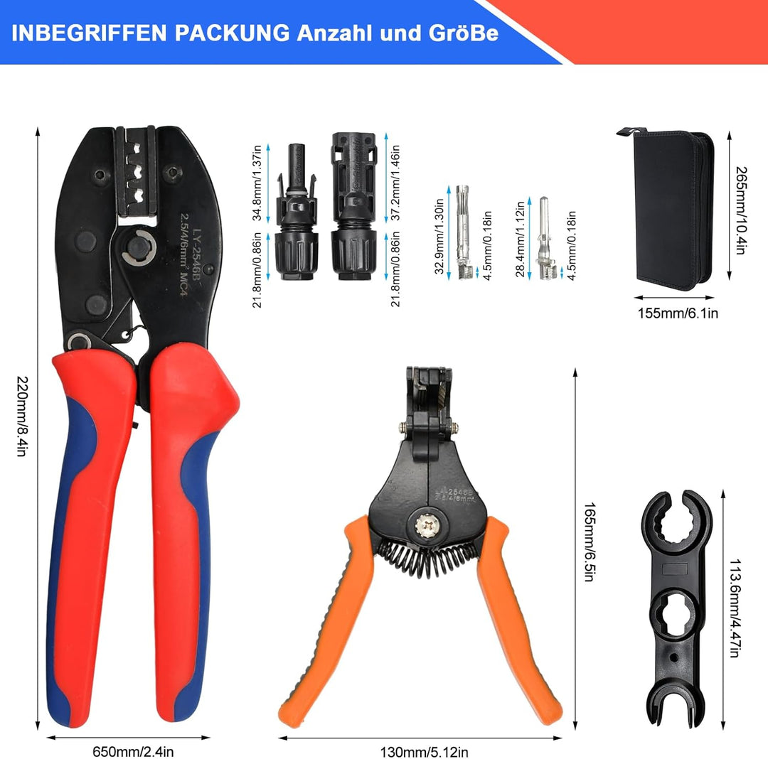 Solar Crimpzange Werkzeug Set für 2,5/4/6 mm² Solarpanel-Solarkabel, 2 Paar Solarstecker + 1x Crimpz