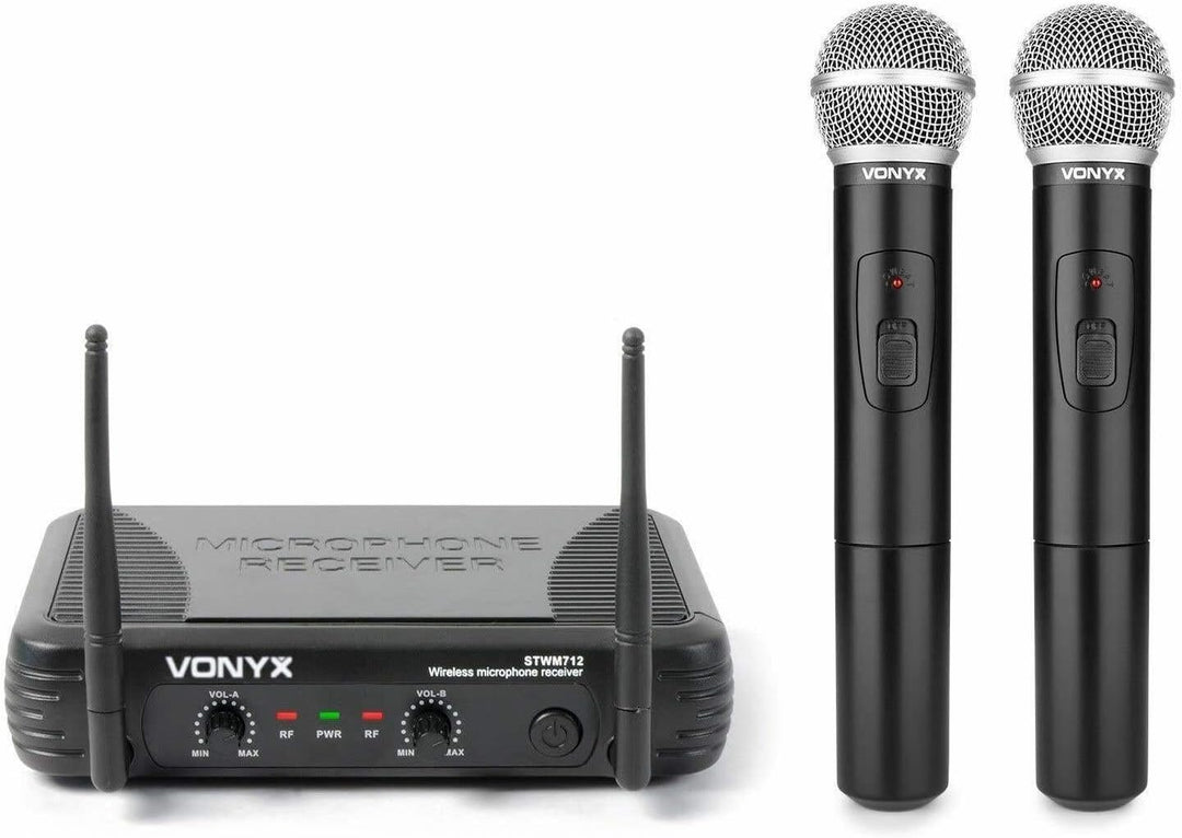 Vonyx STWM712 - Wireless Mikrofonset VHF 2-Kanal mit Empfänger und 2 Funkmikrofonen, Funkmikro, drah