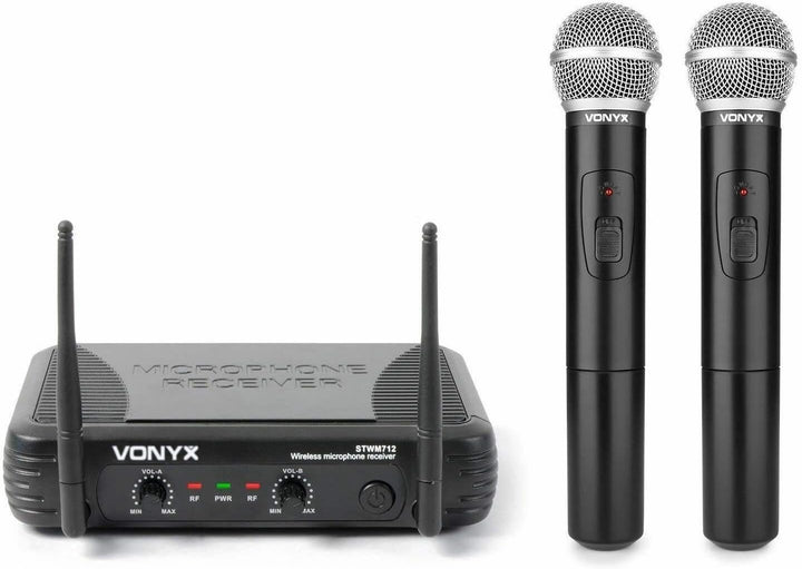 Vonyx STWM712 - Wireless Mikrofonset VHF 2-Kanal mit Empfänger und 2 Funkmikrofonen, Funkmikro, drah