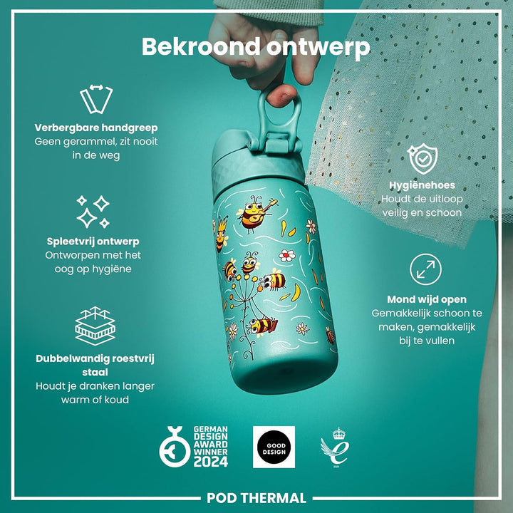 Ion8 Isolierte Edelstahl-Trinkflasche, 320 ml, Auslaufsicher, Einhandöffnung, Sichere Verriegelung,