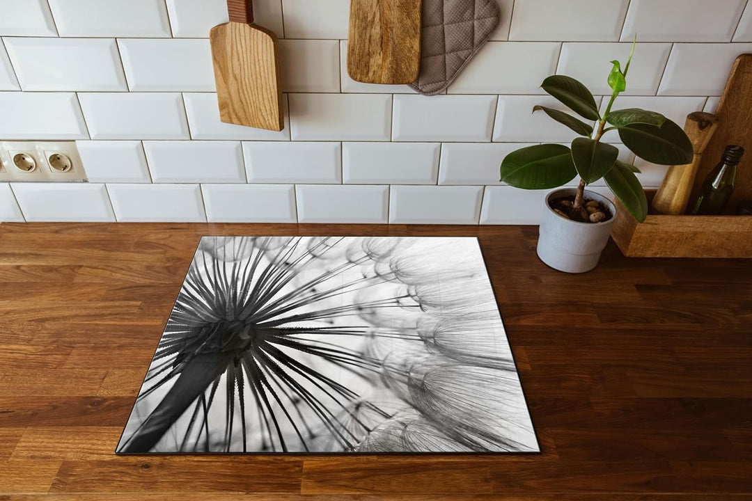 Schöne Pusteblume Herdabdeckplatte & Spritzschutz aus Echtglas | Für Herd-Kochfelder | 60x52 cm