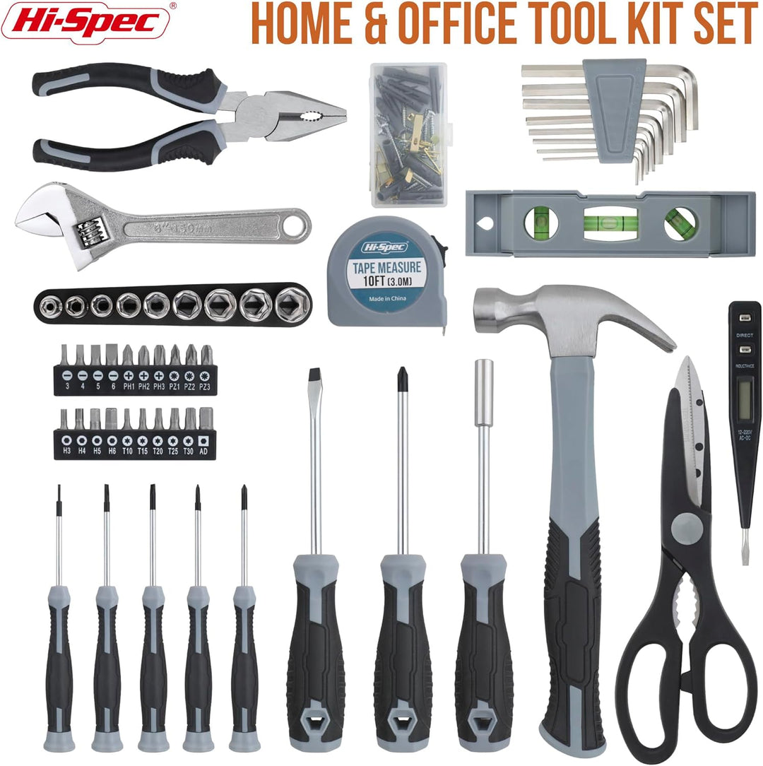 Hi-Spec 54-TLG. Werkzeugkasten-Set in Grau, gefüllt mit Werkzeugen für Haushalt und Garage. Werkzeug