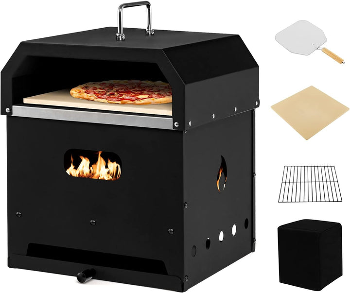 COSTWAY 4-in-1 Pizzaofen, Outdoor-Grill, holzbefeuerter Pizza Ofen mit wasserdichter Abdeckung, Pizz