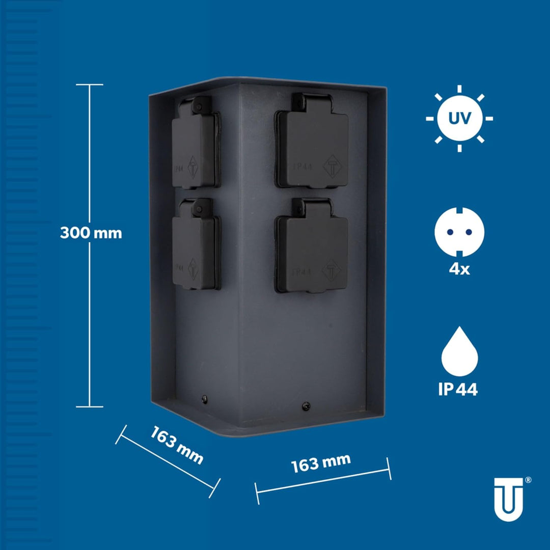 UNITEC Steckdosenverteiler für den Garten, Steckdosensäule, Aussensteckdose Edelstahl, IP 44, 4 Stec
