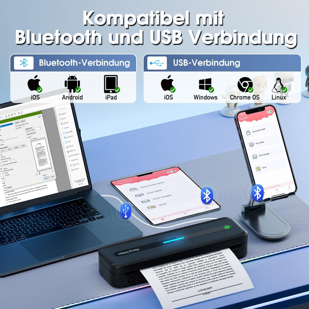 ASprink Mobiler Drucker Bluetooth, Thermodrucker A4 M832 Tragbarer Drucker Nur Thermopapier, 300DPI
