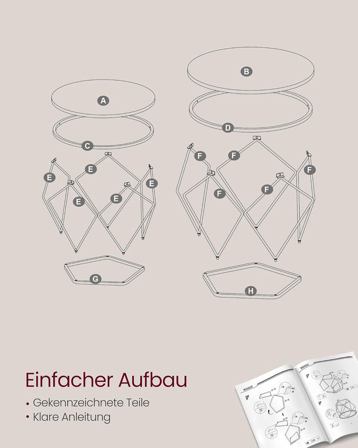 VASAGLE Couchtisch rund, 2er Set, Wohnzimmertisch, Beistelltisch, modern, abnehmbare Tischplatte, fü