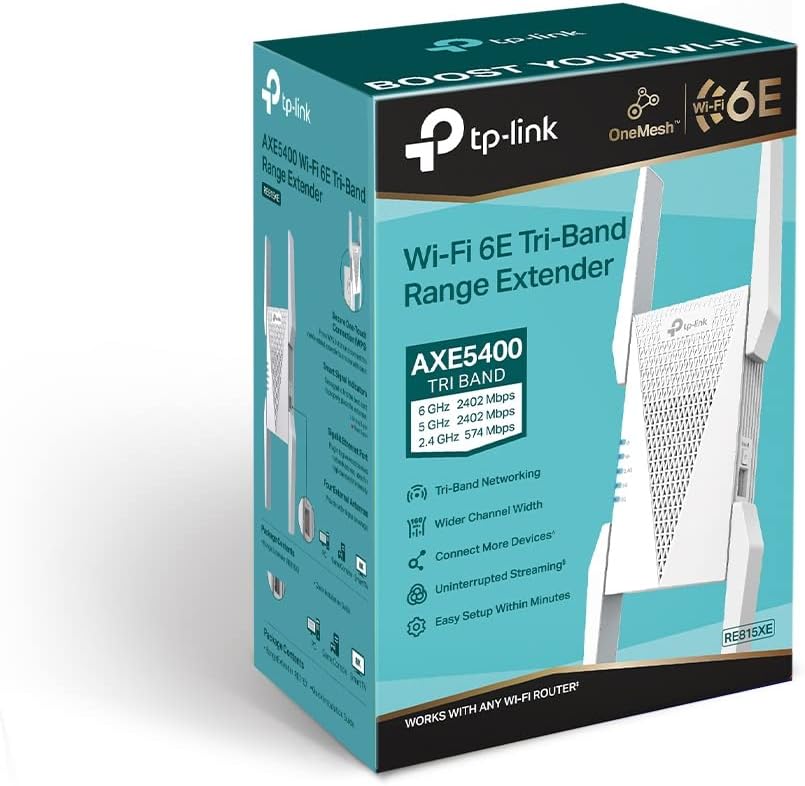 TP-Link RE815XE WiFi 6E WLAN Verstärker Repeater AXE5400, 160-MHz-Kanal, Tri-Band, WPA3, empfohlen f