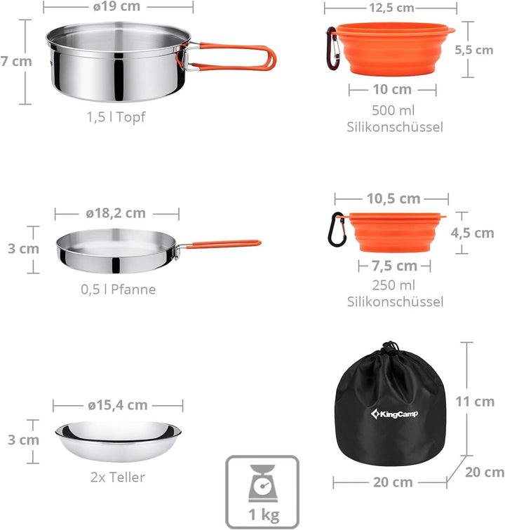 KingCamp Camping Kochset Adventurer I Pro Koch Geschirr Set Stahl Topf Pfanne