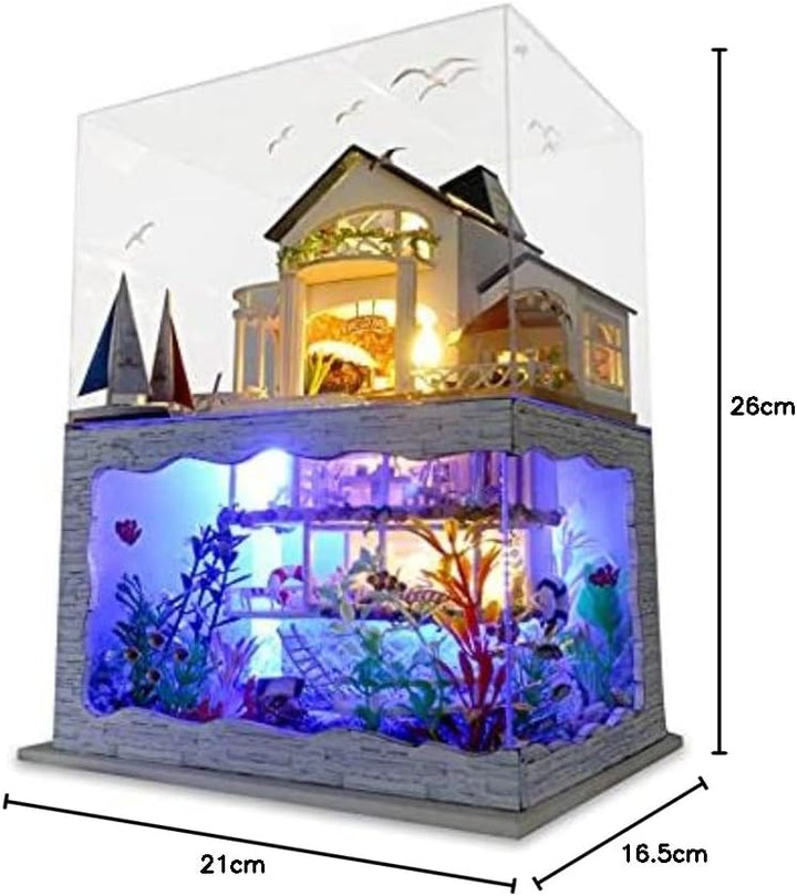 Cuteefun DIY Miniatur Puppenhaus Meer Kit zum BAU Miniatur Haus mit Staubdichten Möbeln und Werkzeug