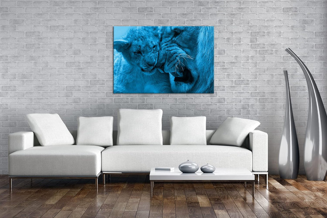 deyoli wilde Löwen Format 80x60 Effekt: Monocrome Blau als Leinwandbild, Motiv fertig gerahmt auf Ec