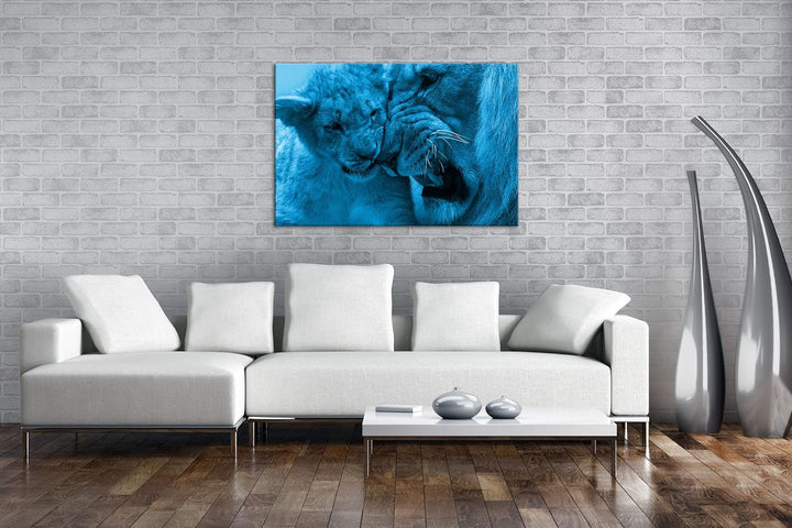 deyoli wilde Löwen Format 80x60 Effekt: Monocrome Blau als Leinwandbild, Motiv fertig gerahmt auf Ec