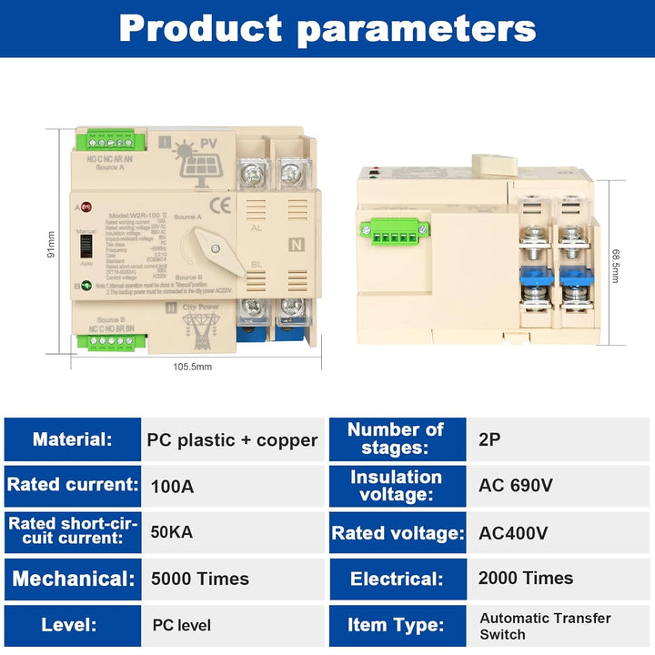 DEWIN Automatischer Transferschalter, Dual Power Automatischer Transferschalter DIN-Schiene 2P 100A