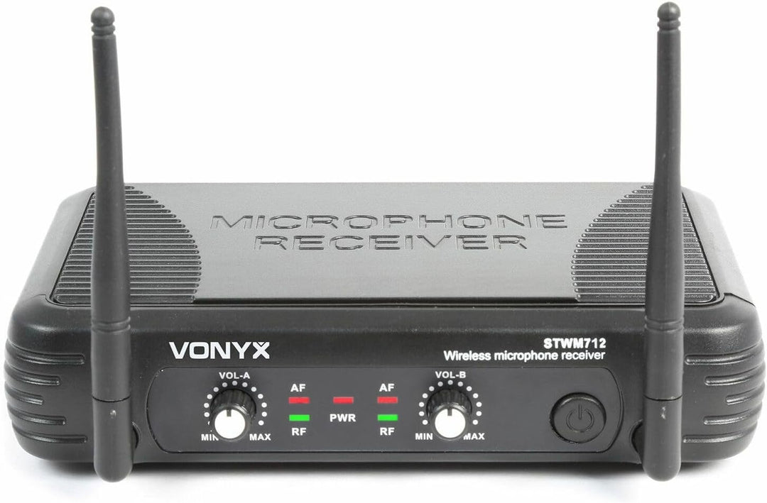 Vonyx STWM712 - Wireless Mikrofonset VHF 2-Kanal mit Empfänger und 2 Funkmikrofonen, Funkmikro, drah
