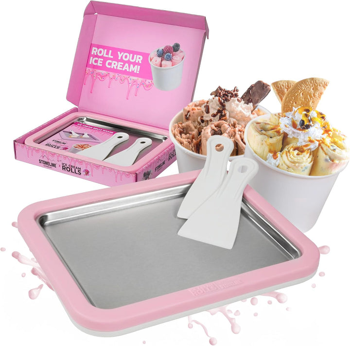 STONELINE by Mr. Ice Cream Rolls ORIGINAL Ice Cream Rolls Maker Eisplatte Rosé 26x21x3,5 cm mit 2 Sp