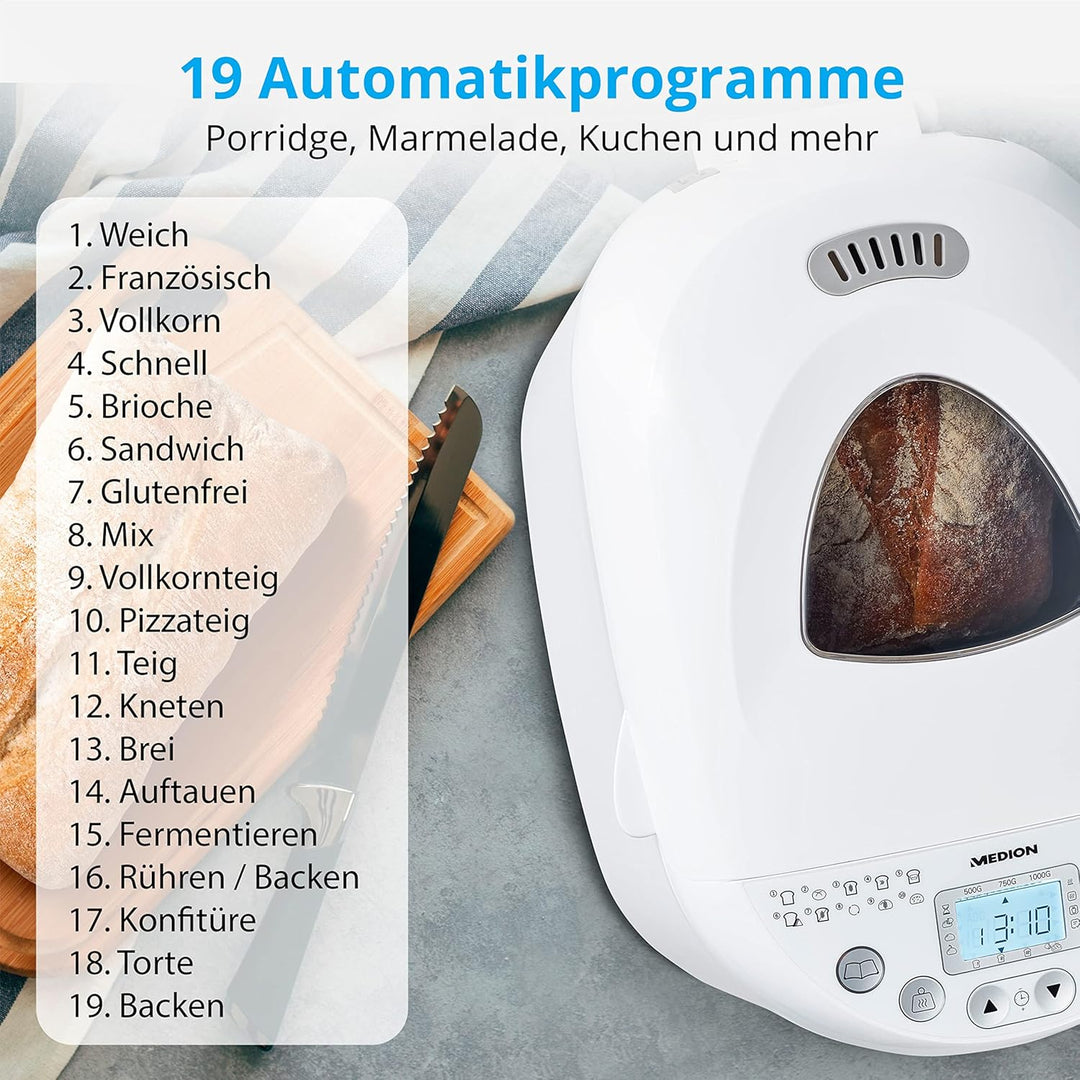 MEDION Brotbackautomat (Brotbackmaschine, 550 Watt, bis zu 1000g, 19 Backprogramme, 3 Bräunungsgrade