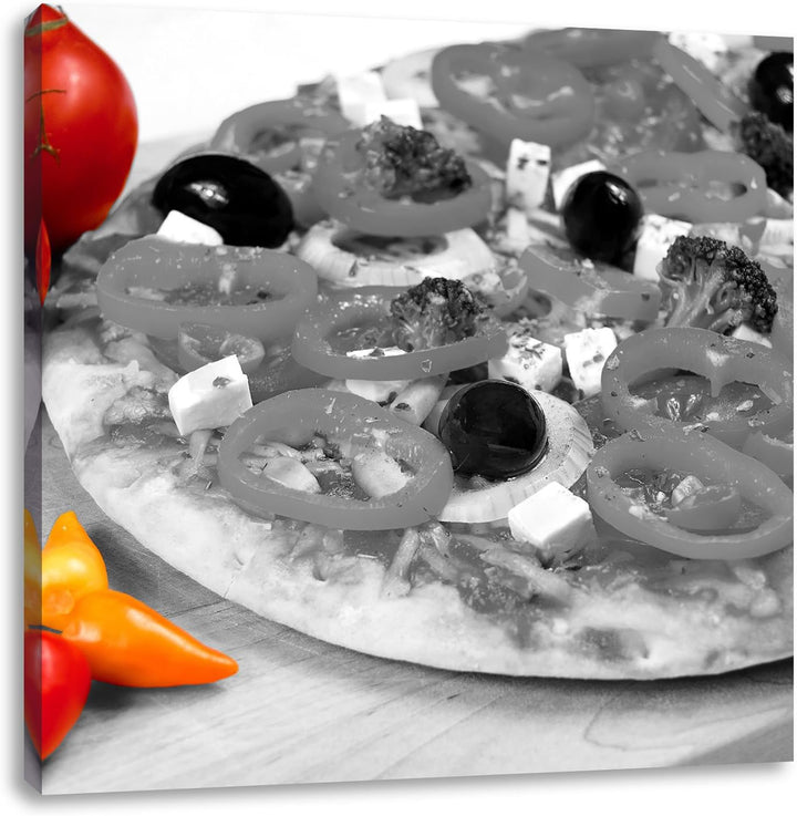 Frische Pizza mit Oliven,Format: 70x70 als Leinwandbild, tolle Bilder fertig auf Holzrahmen gespannt