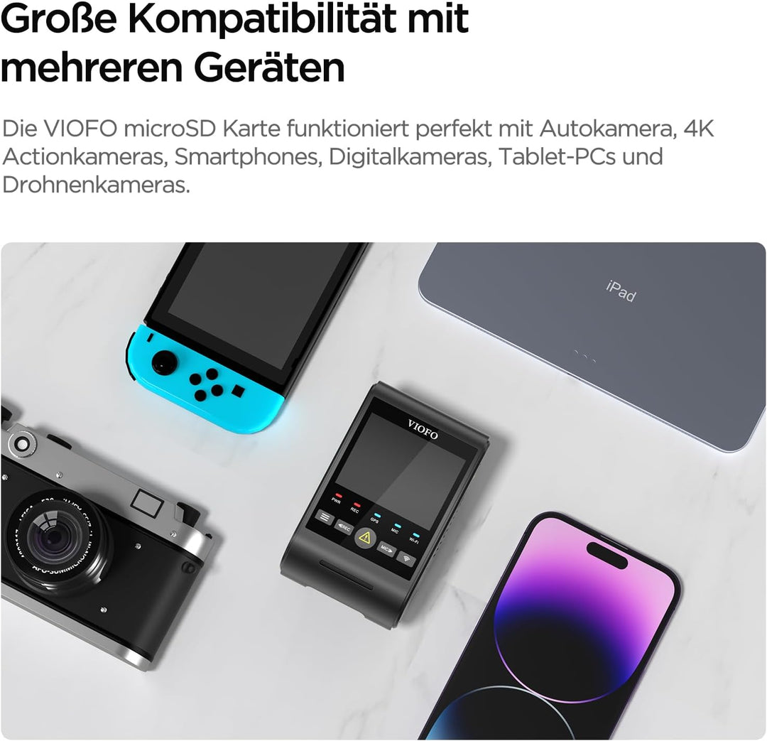 VIOFO 256GB Speicherkarte, hohe Geschwindigkeit mit Adapter U3, Kompatibel für 4K WiFi Dashcam Auto