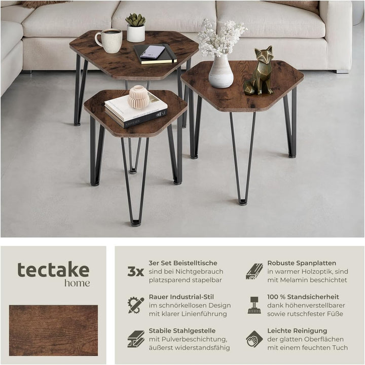 tectake Beistelltisch 3er Set, sechseckiger Couchtisch in 3 Grössen, Industrie-Stil, Holz Satztische