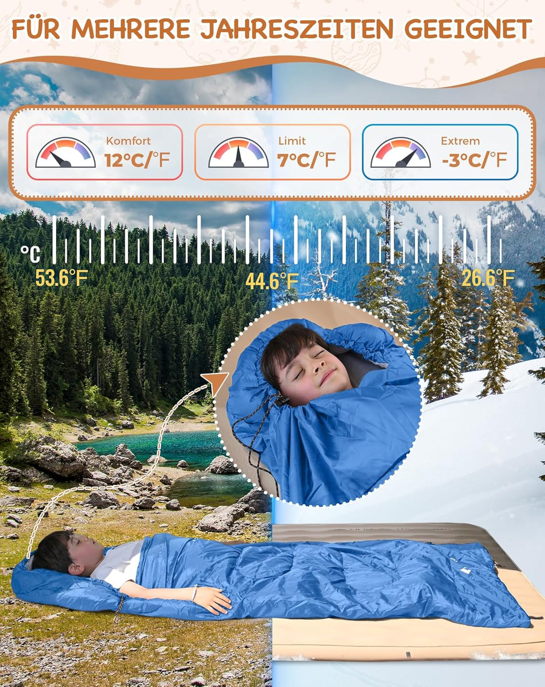 KingCamp Schlafsack Deckenschlafsack Camping Outdoor 3-4 Jahreszeiten für Erwachsene Kinder Ultralei