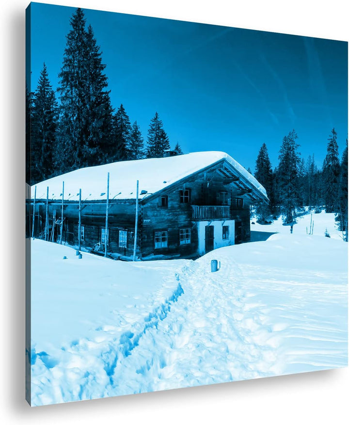 deyoli Skihütte im Winter Format: 70x70 Effekt: Monocrome Blau als Leinwandbild, Motiv fertig gerahm