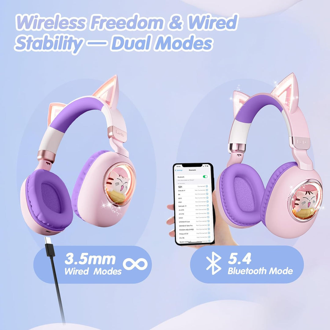 sunvito Kinder Kopfhörer Bluetooth 5.4, LED Beleuchtetes Katzenohr, Faltbarer Over-Ear Kopfhörer mit