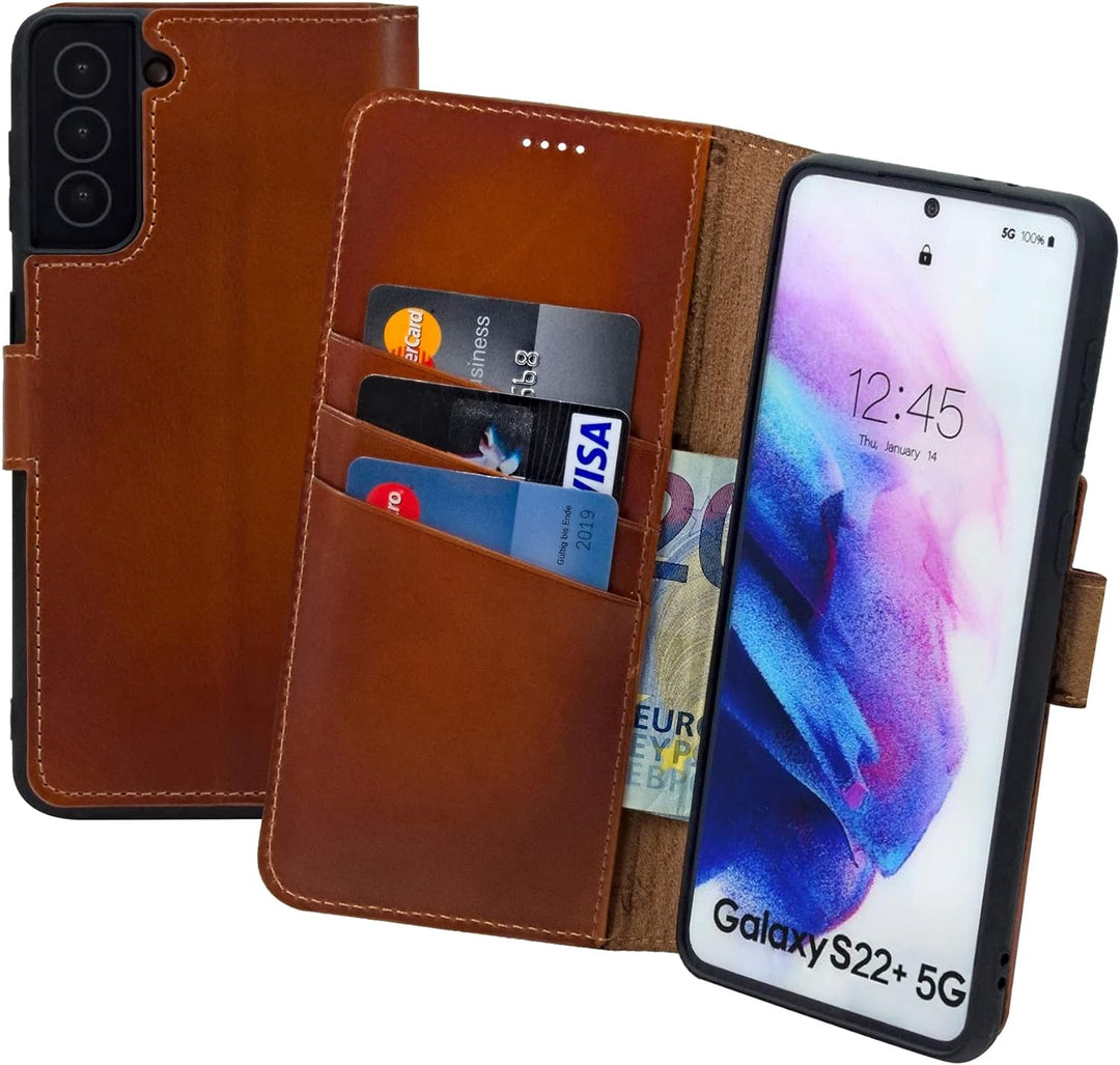 Suncase Book-Style Hülle kompatibel mit Samsung Galaxy S22 Plus 5G Leder Tasche (Slim-Fit) Lederhüll