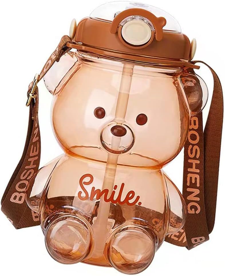 HUSHUI Kawaii Bär Strohflasche, tragbare Wasserflasche in Bärenform mit Strohhalm und Trageschlaufe,