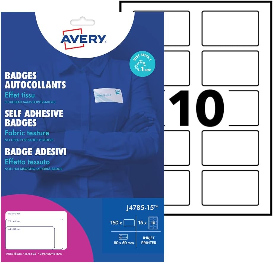 Avery – 150 Namensschilder bedruckbar für Textilien, aus weissem Polyester, Format 80 x 50 mm, Tinte