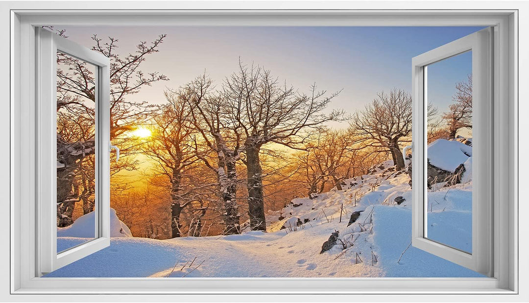 islandburner Bild auf Leinwand Fensterblick Winter im Wald bei Sonnenuntergang Sagenhafter Effekt Wa