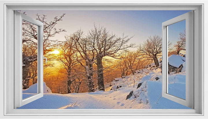 islandburner Bild auf Leinwand Fensterblick Winter im Wald bei Sonnenuntergang Sagenhafter Effekt Wa