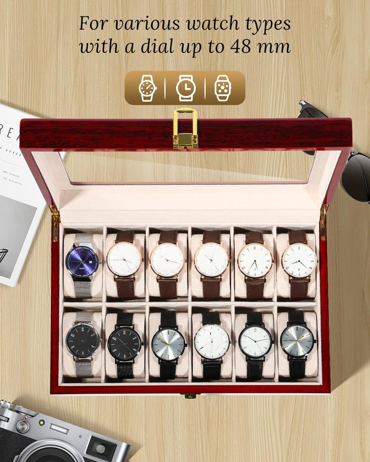 Uhrenbox für 12 Holz Uhrenkasten Schmuckkasten Damen Herren Holz- Vintage Rot, Holz- Vintage Rot