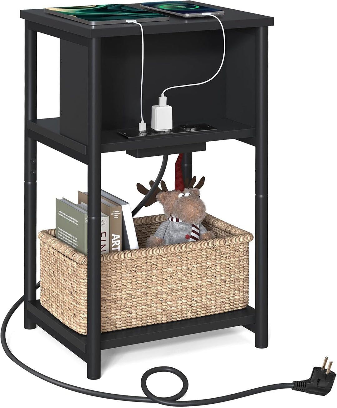 VASAGLE Beistelltisch, Nachttisch mit Steckdose, schmal, 2 AC-Anschlüsse, 2 USB-Anschlüsse, 30 x 34