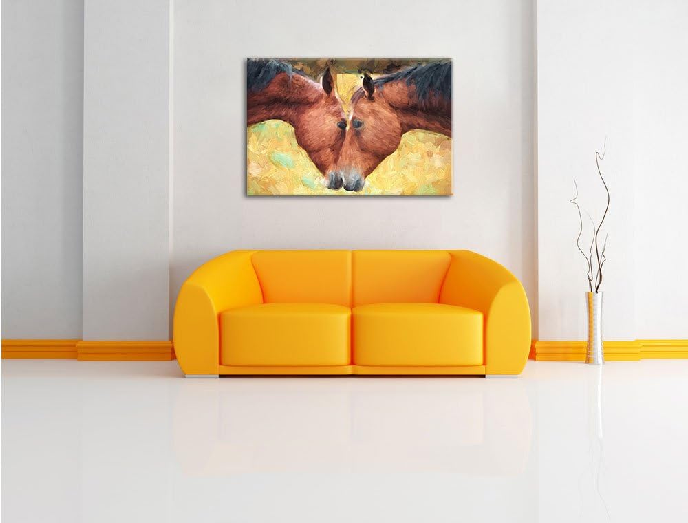 Pixxprint Zwei schmusende Pferde Kunst Pinsel Effekt, Format: 100x70 auf Leinwand, XXL riesige Bilde