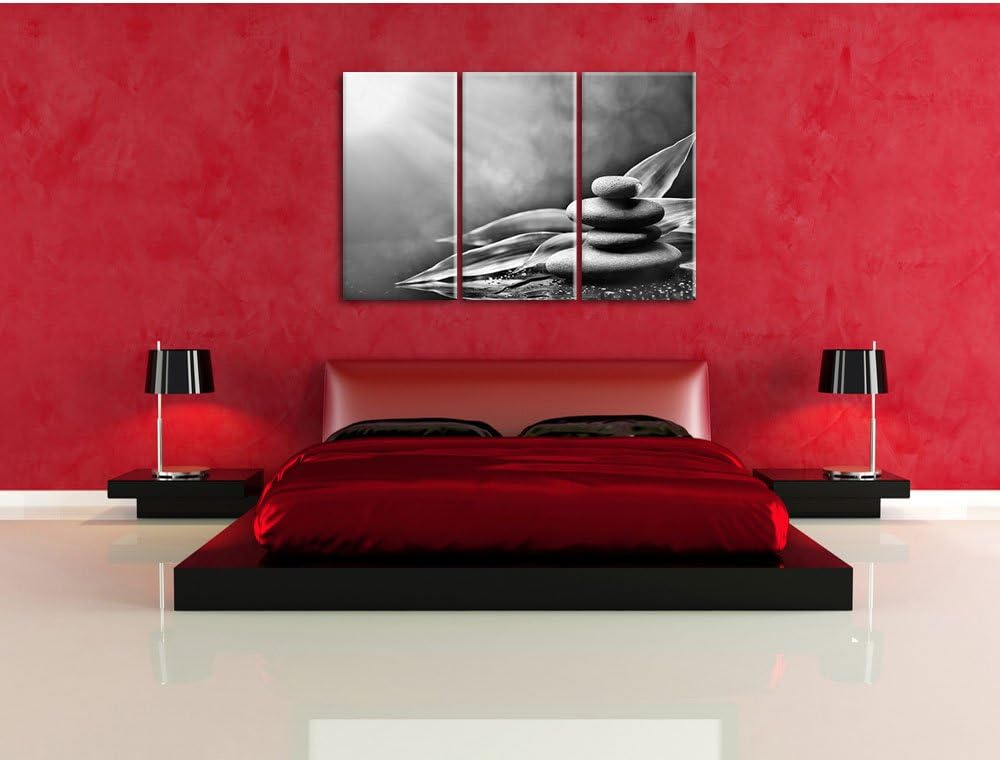 Pixxprint Zen Steine mit Blättern als Leinwandbild/Grösse: 3 Teilig (120x80) cm/Wandbild/Kunstdruck/