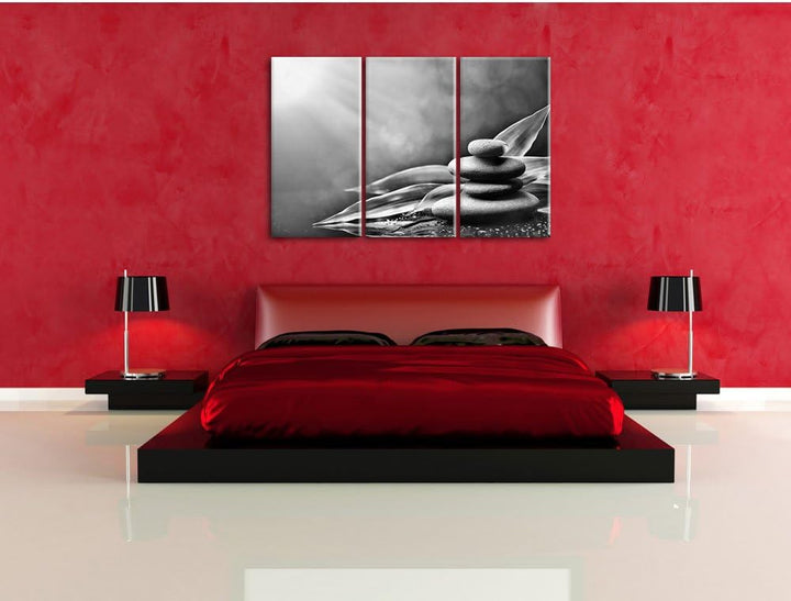Pixxprint Zen Steine mit Blättern als Leinwandbild/Grösse: 3 Teilig (120x80) cm/Wandbild/Kunstdruck/