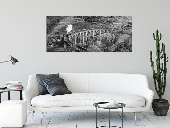 Glasbild Panorama | Wandbild aus Echtglas | Eisenbahnviadukt in Schottland | 100x40 cm | inkl. Aufhä