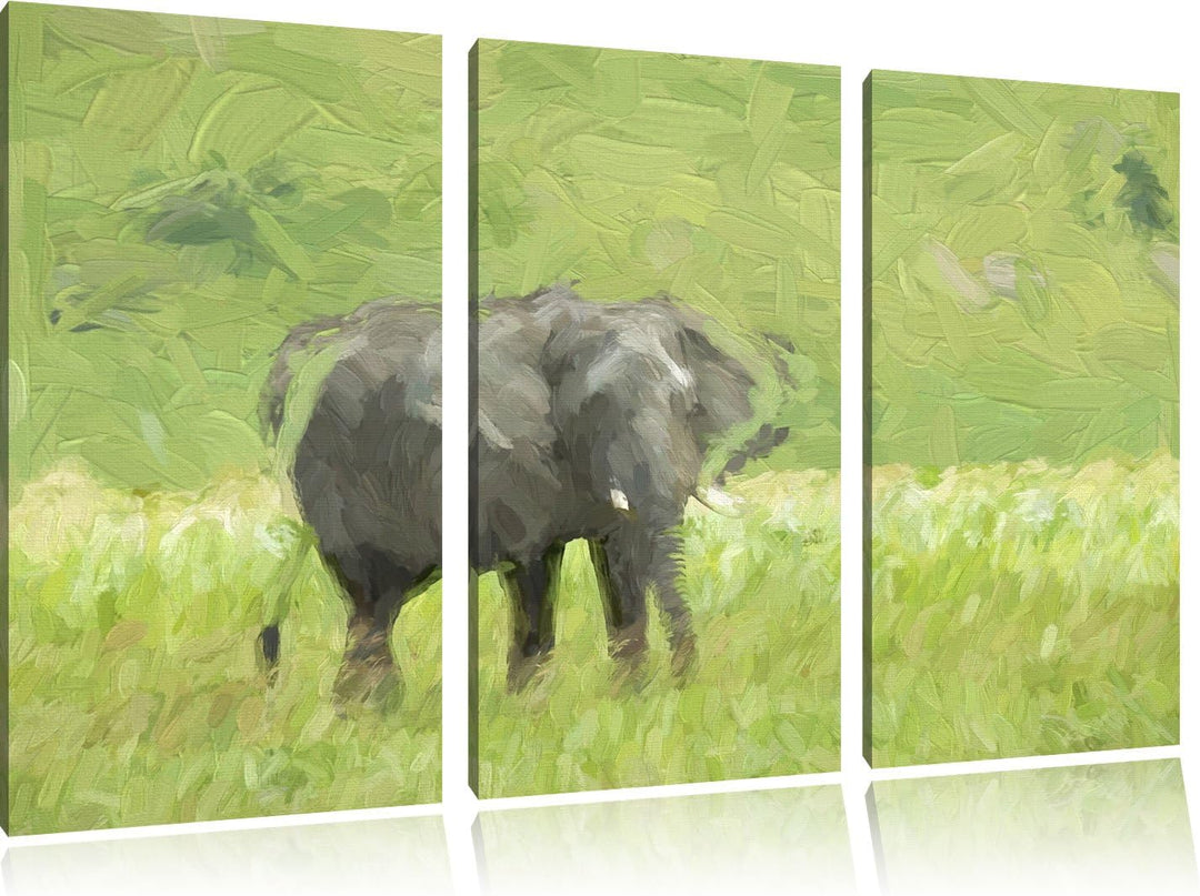 gigantischer Elefant im Gras NewArt 3-Teiler Leinwandbild 120x80 Bild auf Leinwand, XXL riesige Bild
