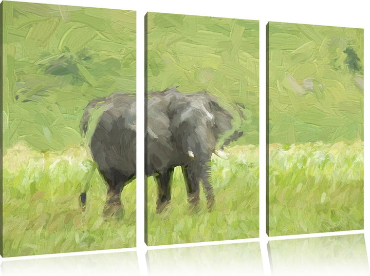 gigantischer Elefant im Gras NewArt 3-Teiler Leinwandbild 120x80 Bild auf Leinwand, XXL riesige Bild