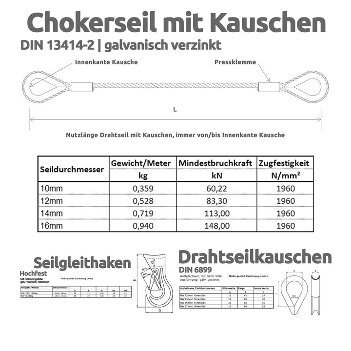 Drahtseile24 Chokerseil mit Kauschen, Rückeseil – Forstseil mit Seil Gleithaken | 10mm – 16mm | 0,5m