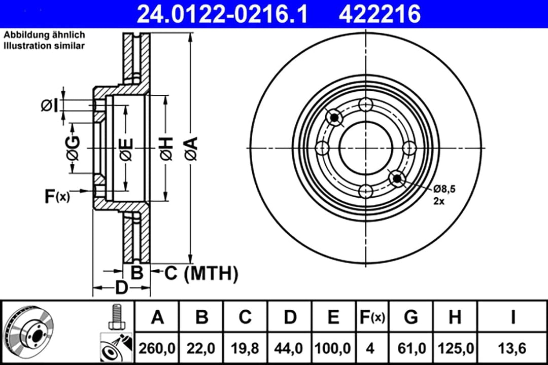 ATE Original Bremsscheibe - 2 Bremsscheiben - 24.0122-0216.1 - ECE-R90 Strassenzulassung