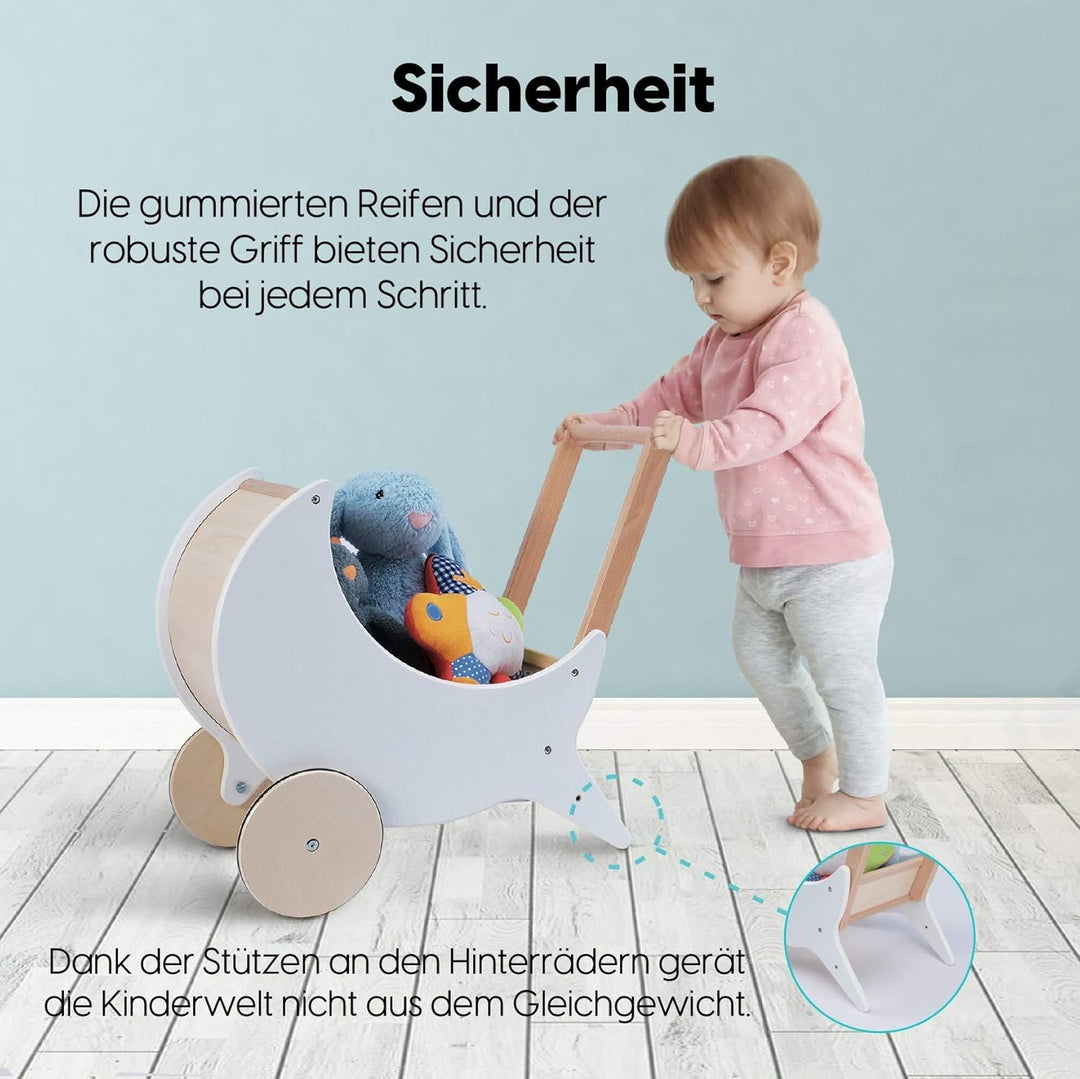 wuuhoo® Lauflernwagen Lou aus Holz - Puppenwagen als Lauflernhilfe in weiss mit gummierten Rädern un