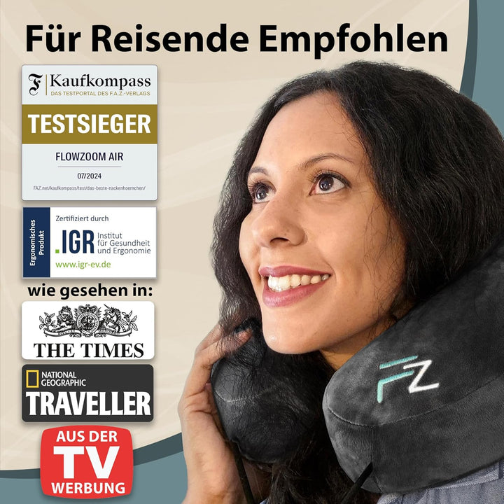 FLOWZOOM AIR Nackenkissen aufblasbar mit Kapuze - Reisekissen - Schnell aufblasbares Reise - Flugzeu